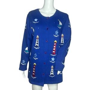 Quacker Factory Sweater Womens Medium Cardigan Blue Lighthouses Nautical Vintage